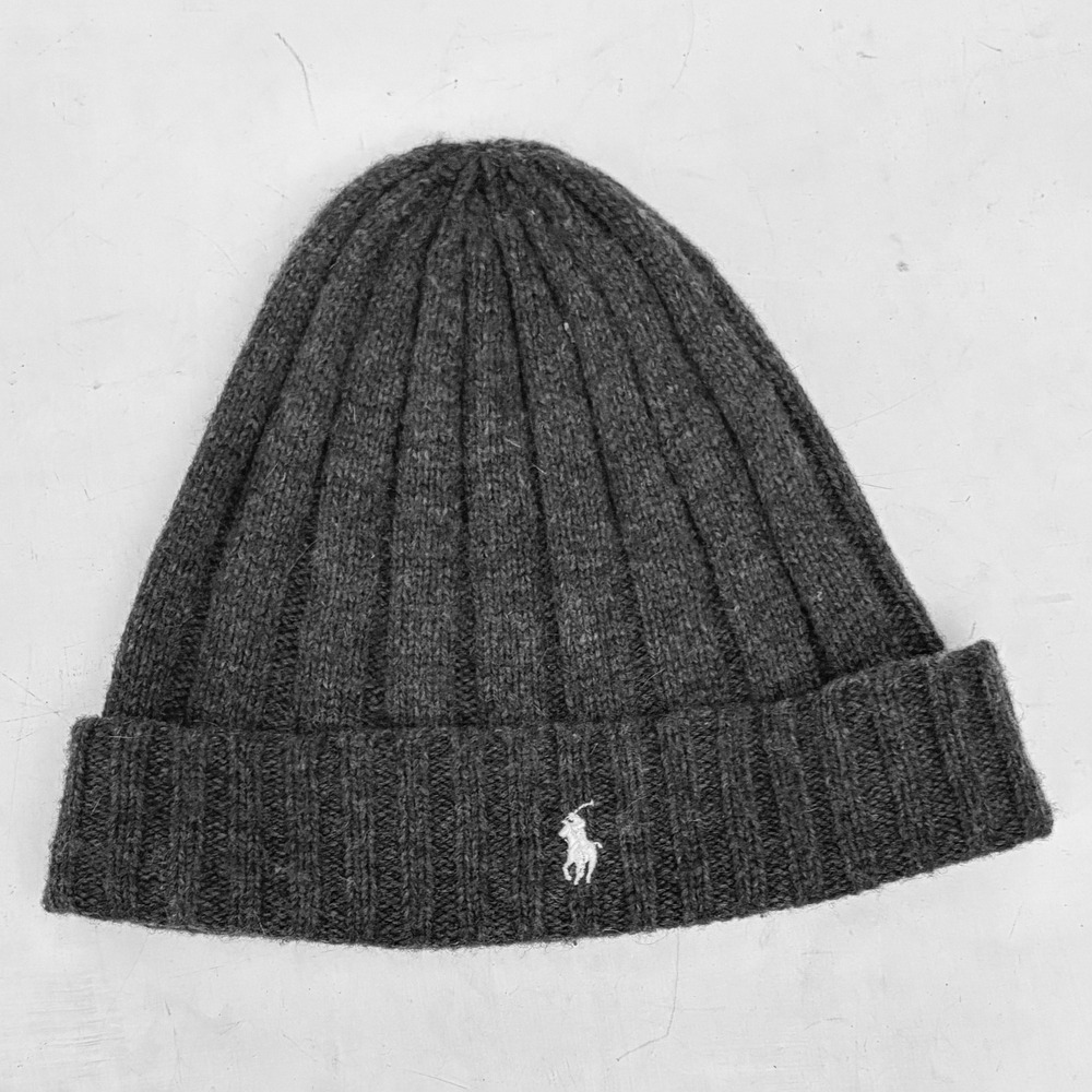 Polo Ralph Lauren Mens Ribbed Knit Beanie Charcoal Grey Pony Logo Winter Hat